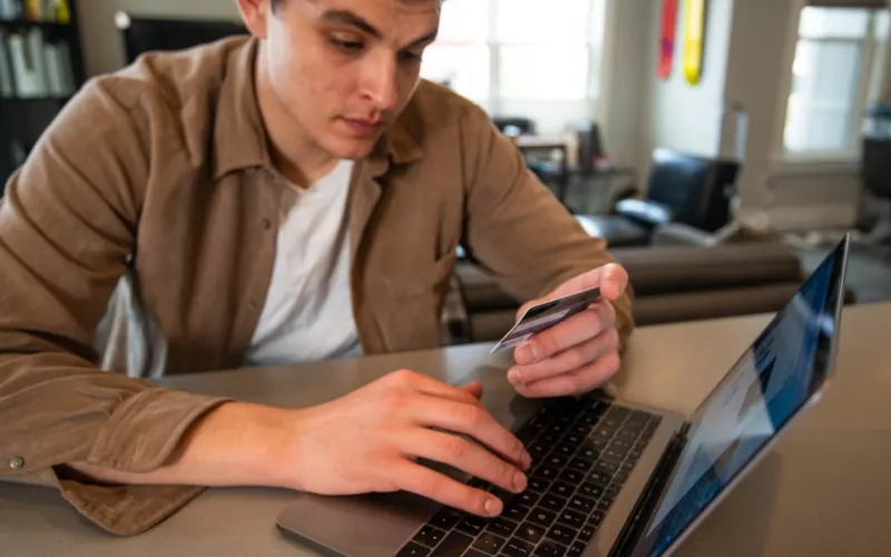 Homem com notebook e cartão no escritório